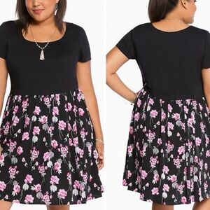 Torrid | Black/Pink/Green Floral Print Rayon/Spandex Challis Skater Dress Sz 2X